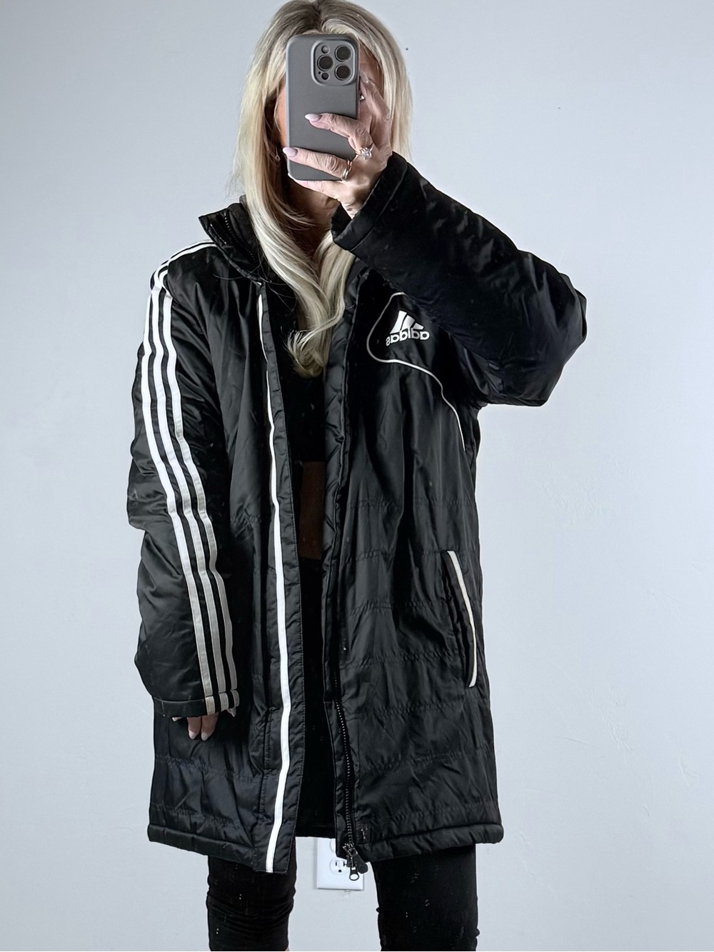 Y2K adidas Black Long Puffer Coat with White Stripe Accents